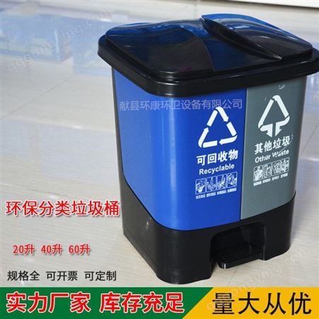 厂家批发 环康分类垃圾桶 双桶脚踏塑料 连体二色可回收其他有害厨余垃圾桶 家用带盖大号垃圾桶